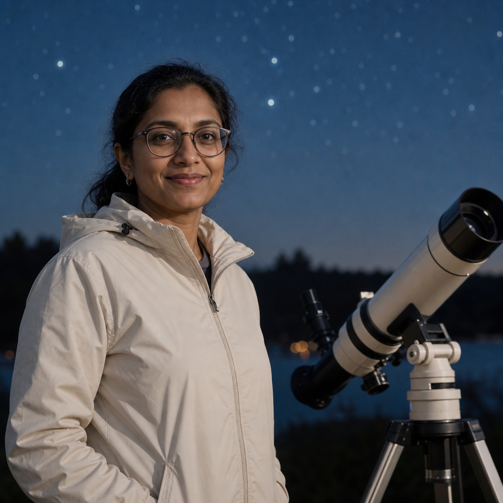 Priya Narayanan, organizer portrait wearing round glasses and a cream windbreaker beside a compact telescope