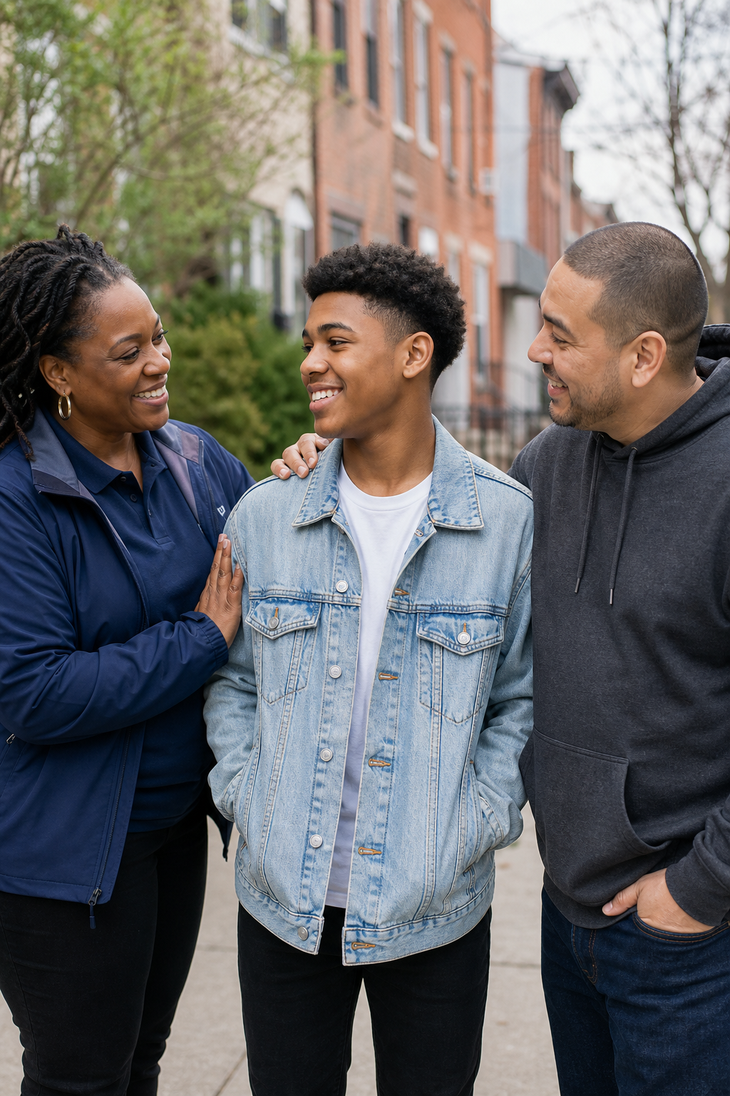Two community mentors standing with a teen participant on a Philadelphia sidewalk, smiling with supportive body language
