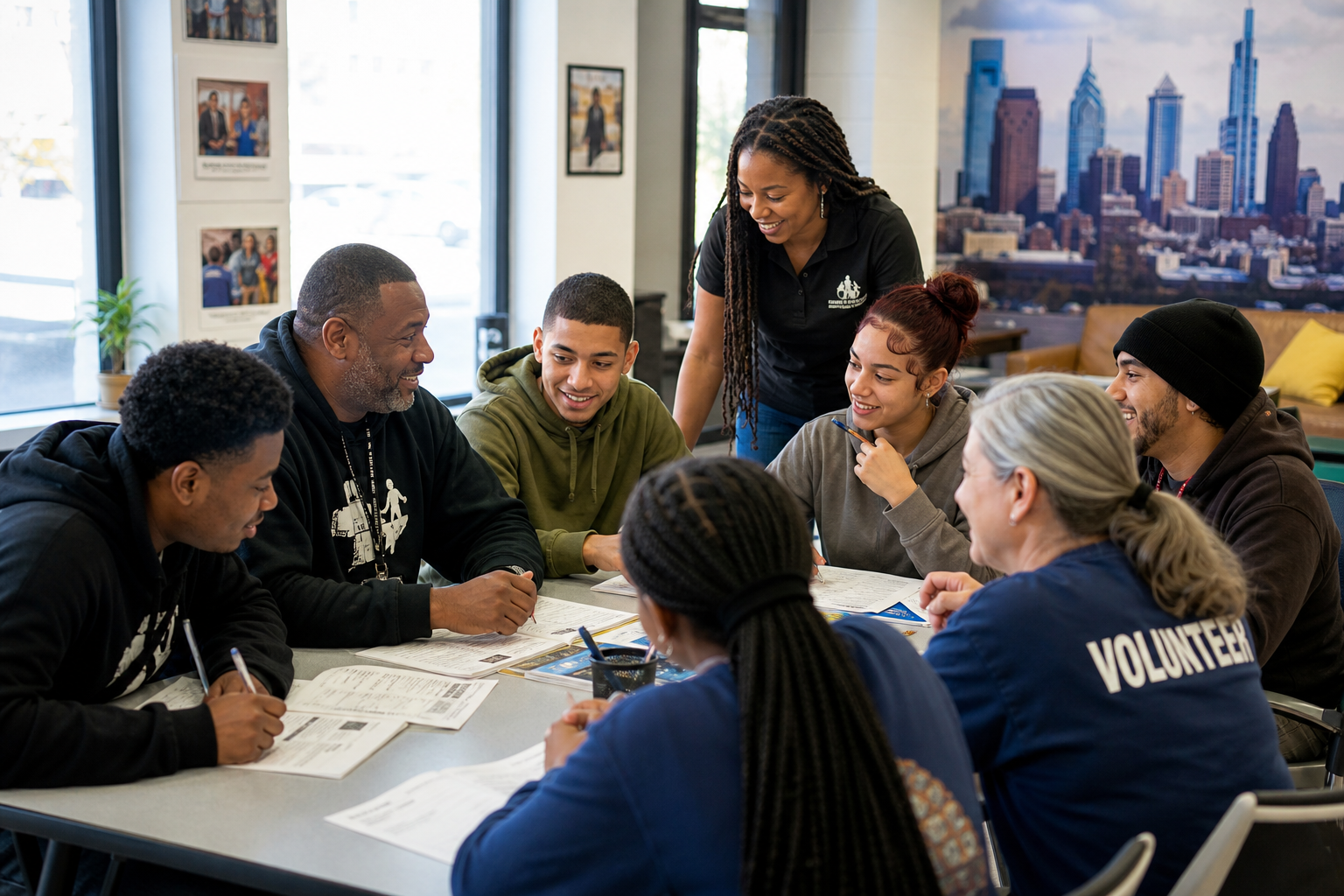 Youth and young adults in a community mentoring session with volunteers, gathered in natural light and collaborating at a workshop table