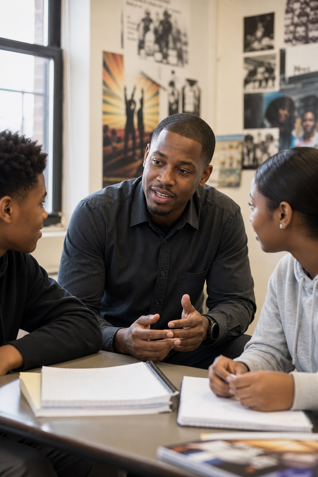Marcus Coleman, director of youth programs, speaking with teens in a classroom setting
