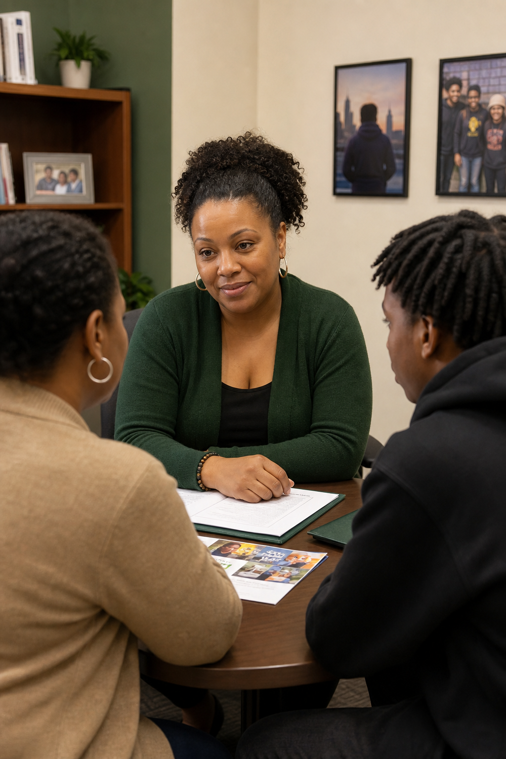 Tanisha Brooks, reentry and family support lead, seated with a parent and young adult during a guidance session