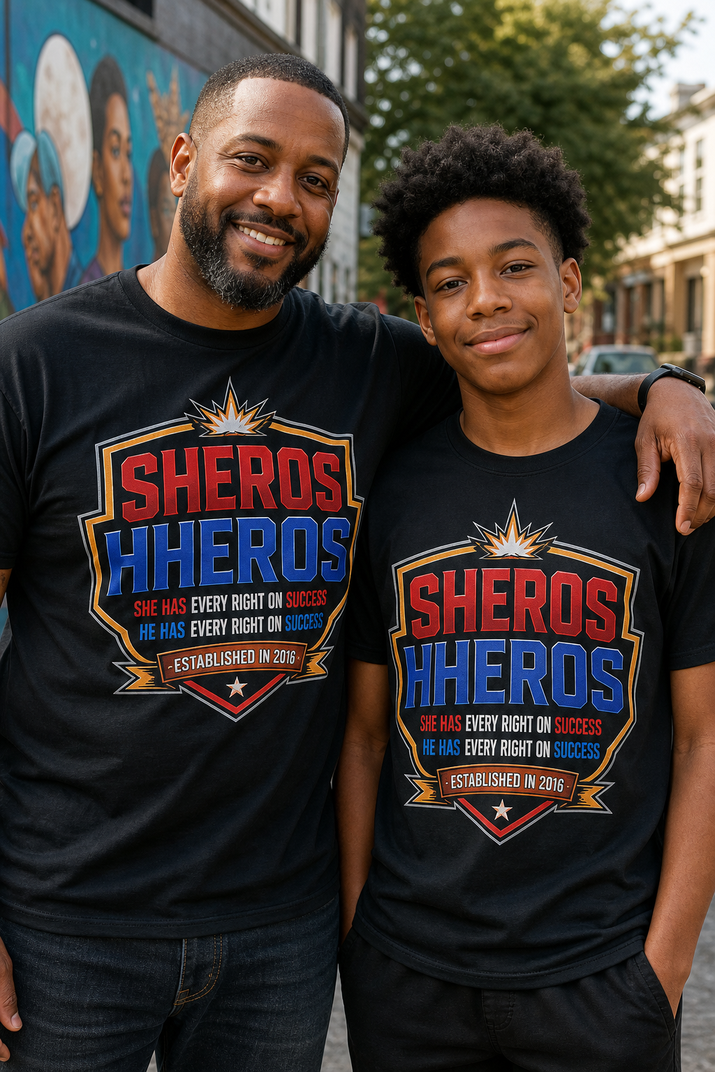 Realistic full-color candid portrait of a mentor and teen in Philadelphia wearing black SHEROS HHEROS shirts, framed to emphasize both torso areas so the badge-style print is larger and clearly readable at a glance: bold stacked SHEROS and HHEROS lettering, supporting lines SHE HAS EVERY RIGHT ON SUCCESS and HE HAS EVERY RIGHT ON SUCCESS, and an ESTABLISHED IN 2016 ribbon treatment, with faithful red, blue, gold/yellow, white, and subtle silver-gray/orange accents naturally printed on fabric in warm natural light