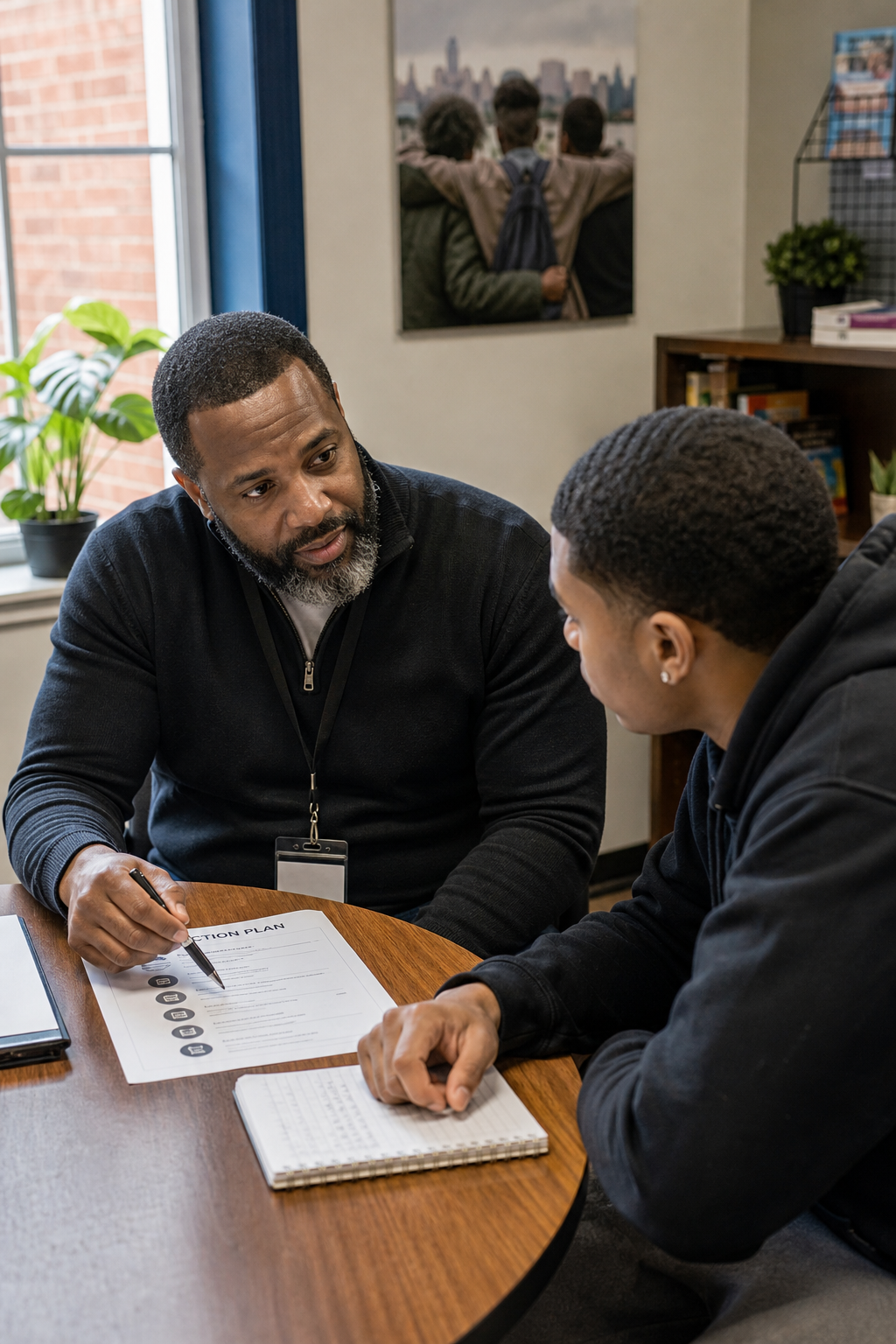 Mentor and returning citizen seated across from each other in a calm community office, reviewing a reentry plan together