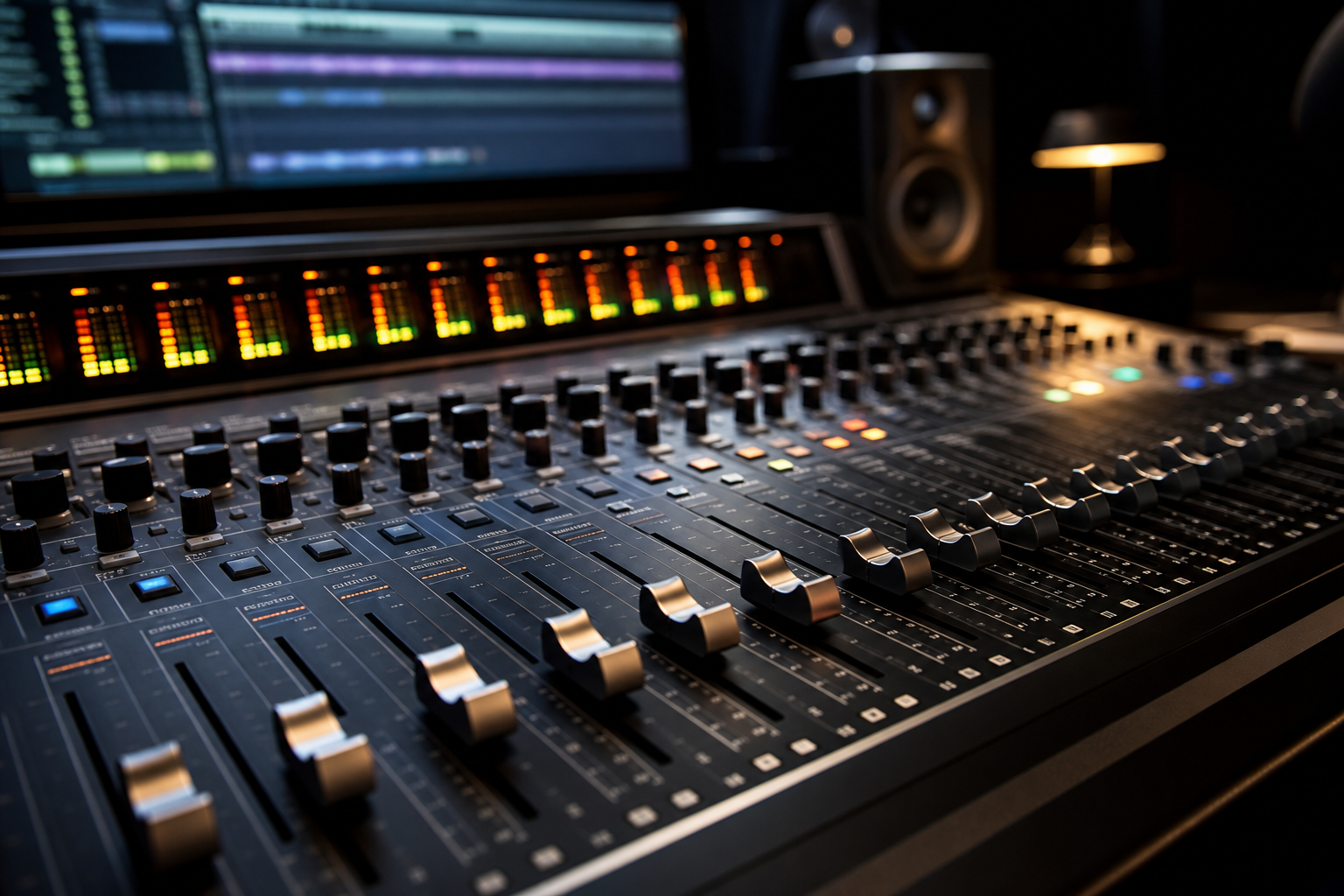 Close-up of a premium music editing console with faders, knobs, and softly lit meters in a dark studio