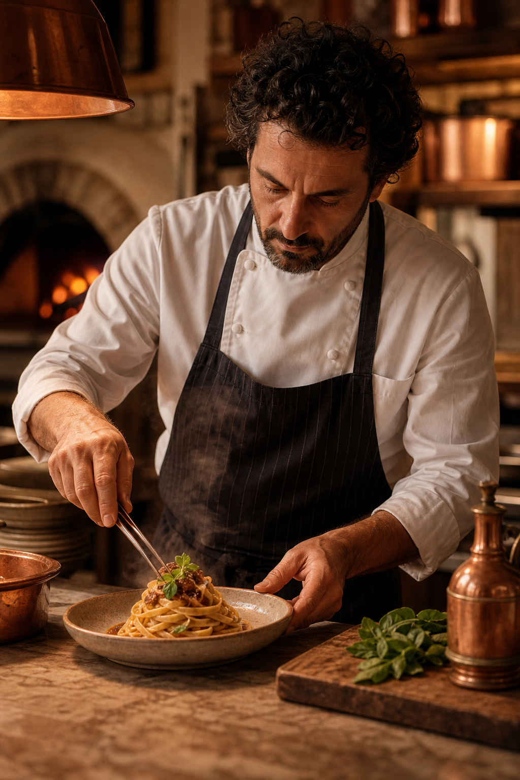 Italian chef finishing handmade pasta on a ceramic plate in a warm open kitchen