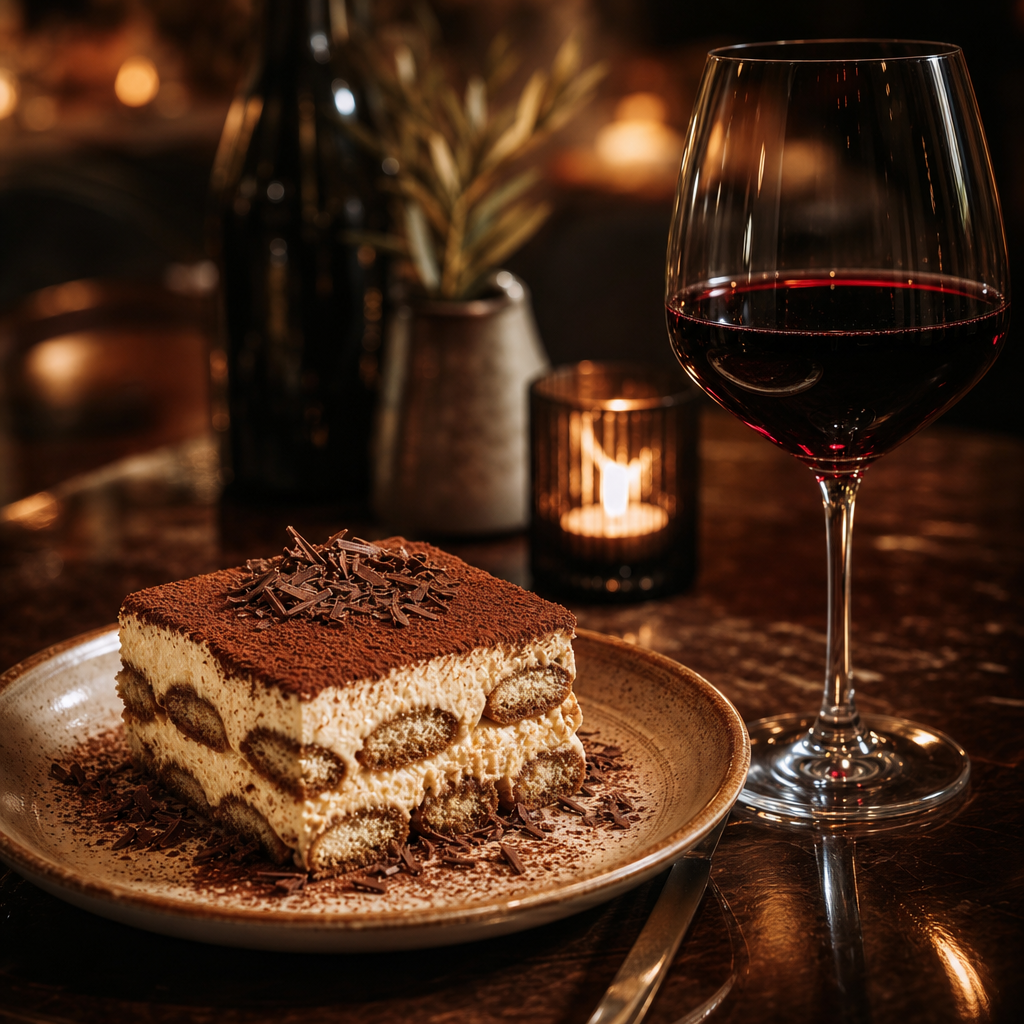 Elegant plated tiramisu beside a glass of deep red Italian wine