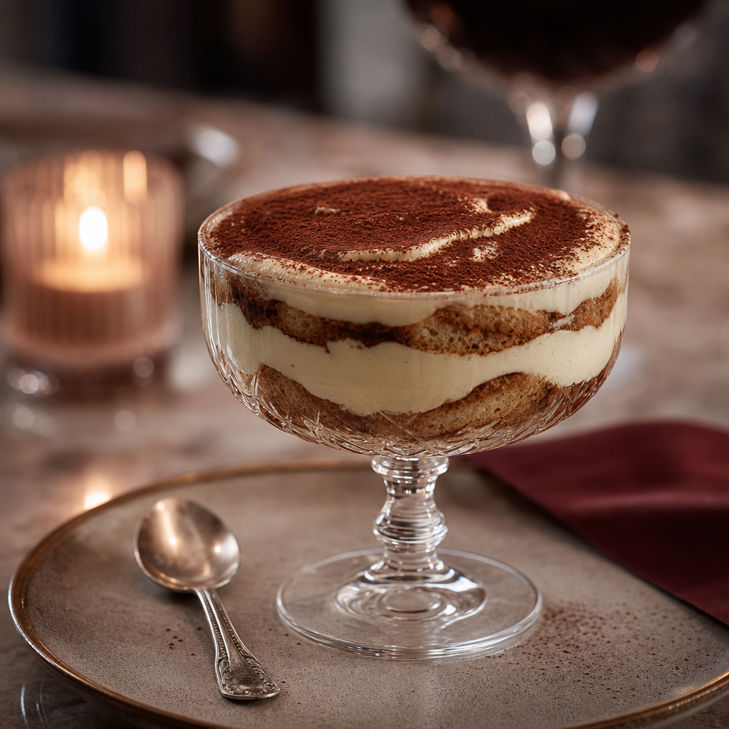 Classic Italian dessert served in a glass with cocoa dusting and a silver spoon