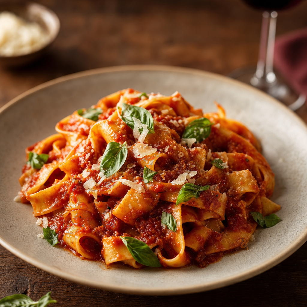 Plated handmade pasta with rich tomato sauce, basil leaves, and grated parmesan