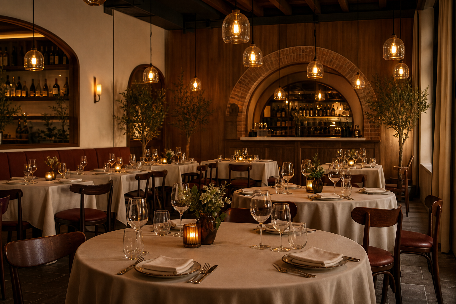 Elegant Italian dining room with warm pendant lights, wood accents, and set tables