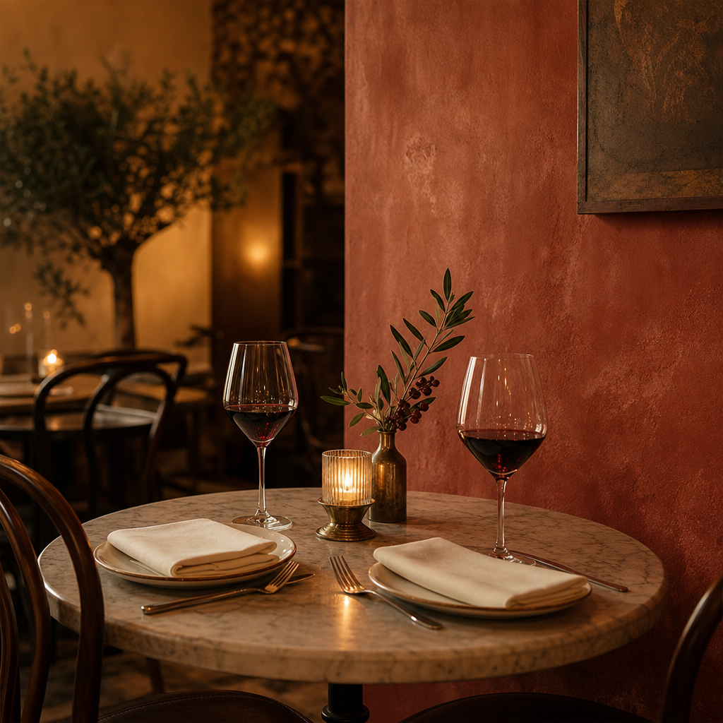 Intimate two-person table setting with wine glasses, candlelight, and linen textures