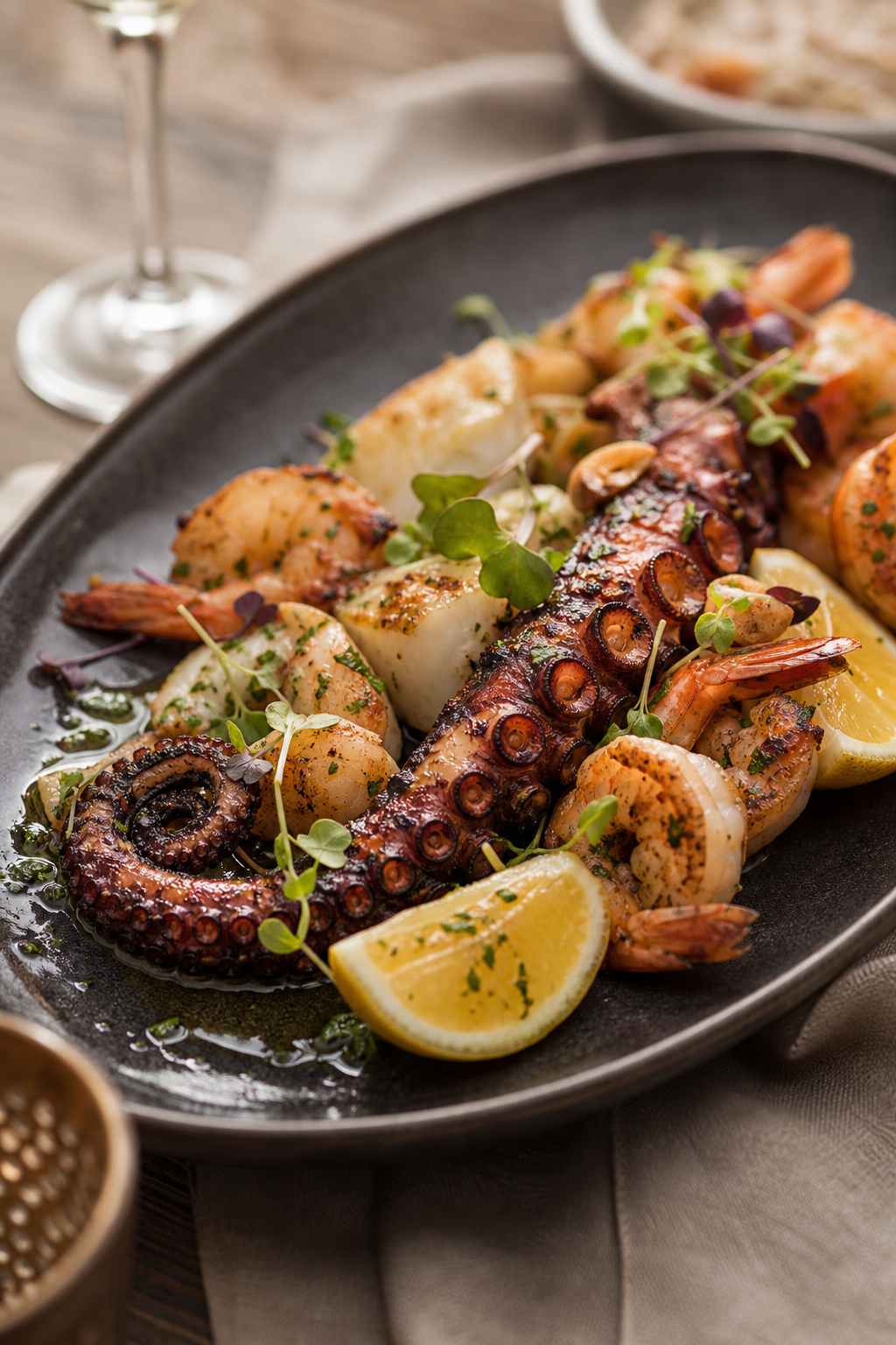 Fresh seafood platter with grilled octopus, lemon wedges, and herb garnish