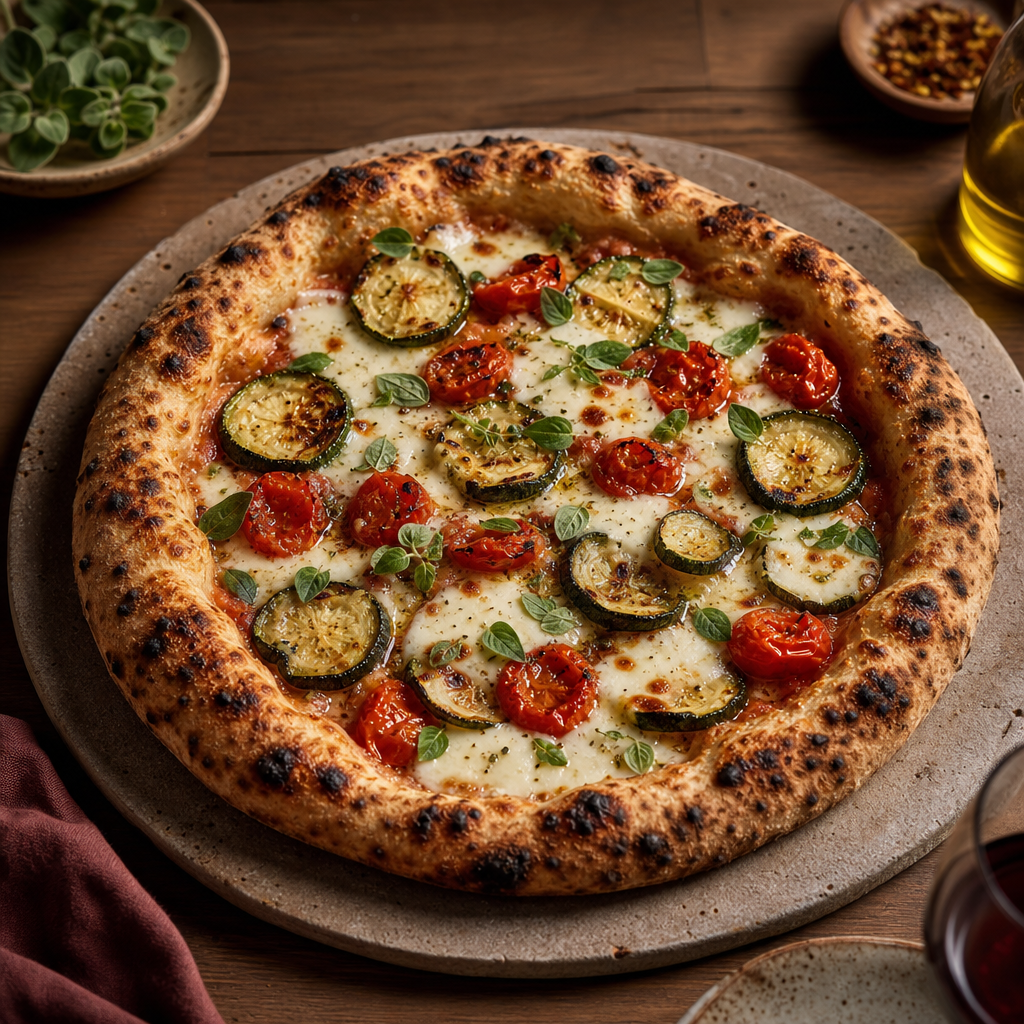 Wood-fired pizza with blistered crust, melted mozzarella, and roasted vegetables