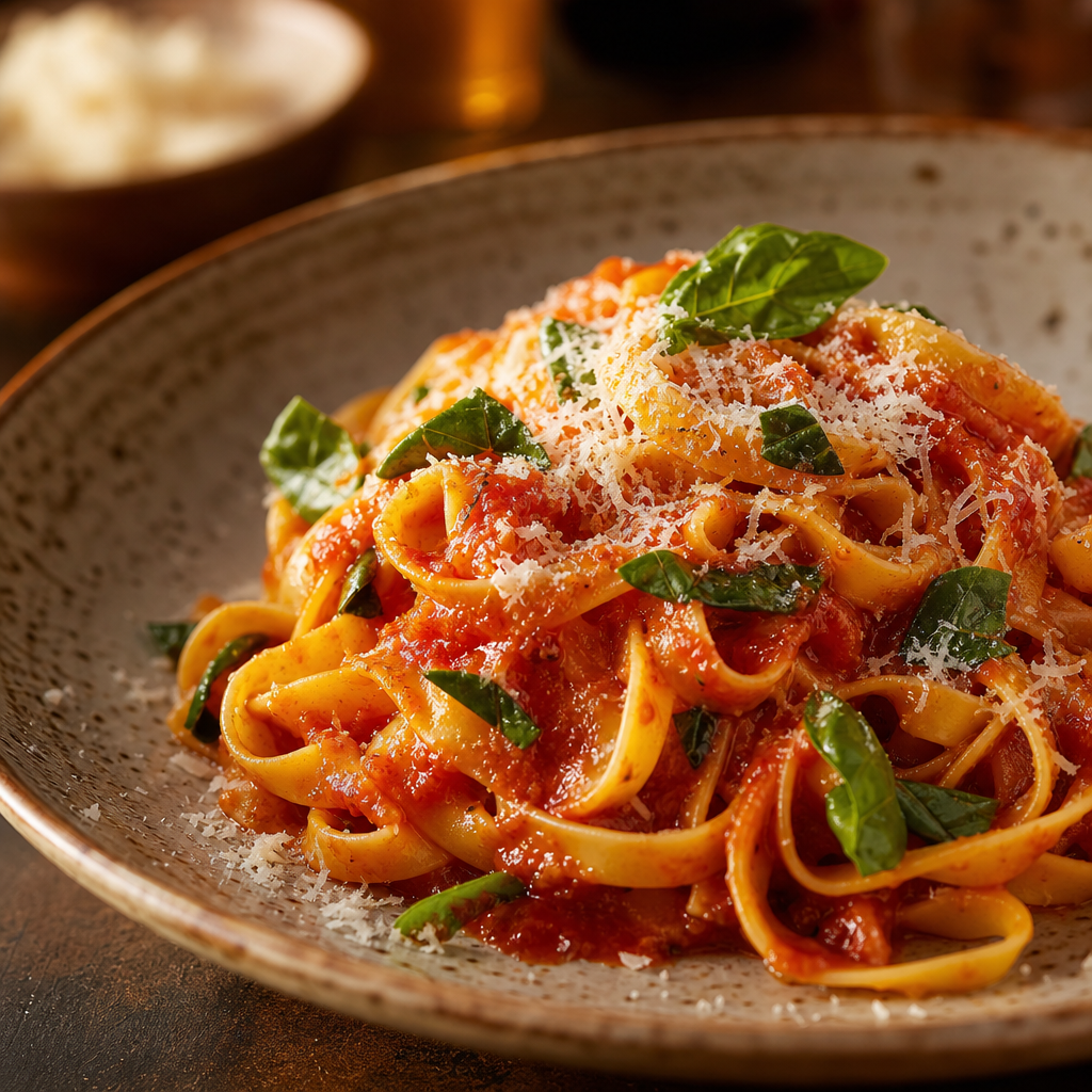 Fresh handmade tagliatelle pasta being twirled with rich tomato sauce and basil