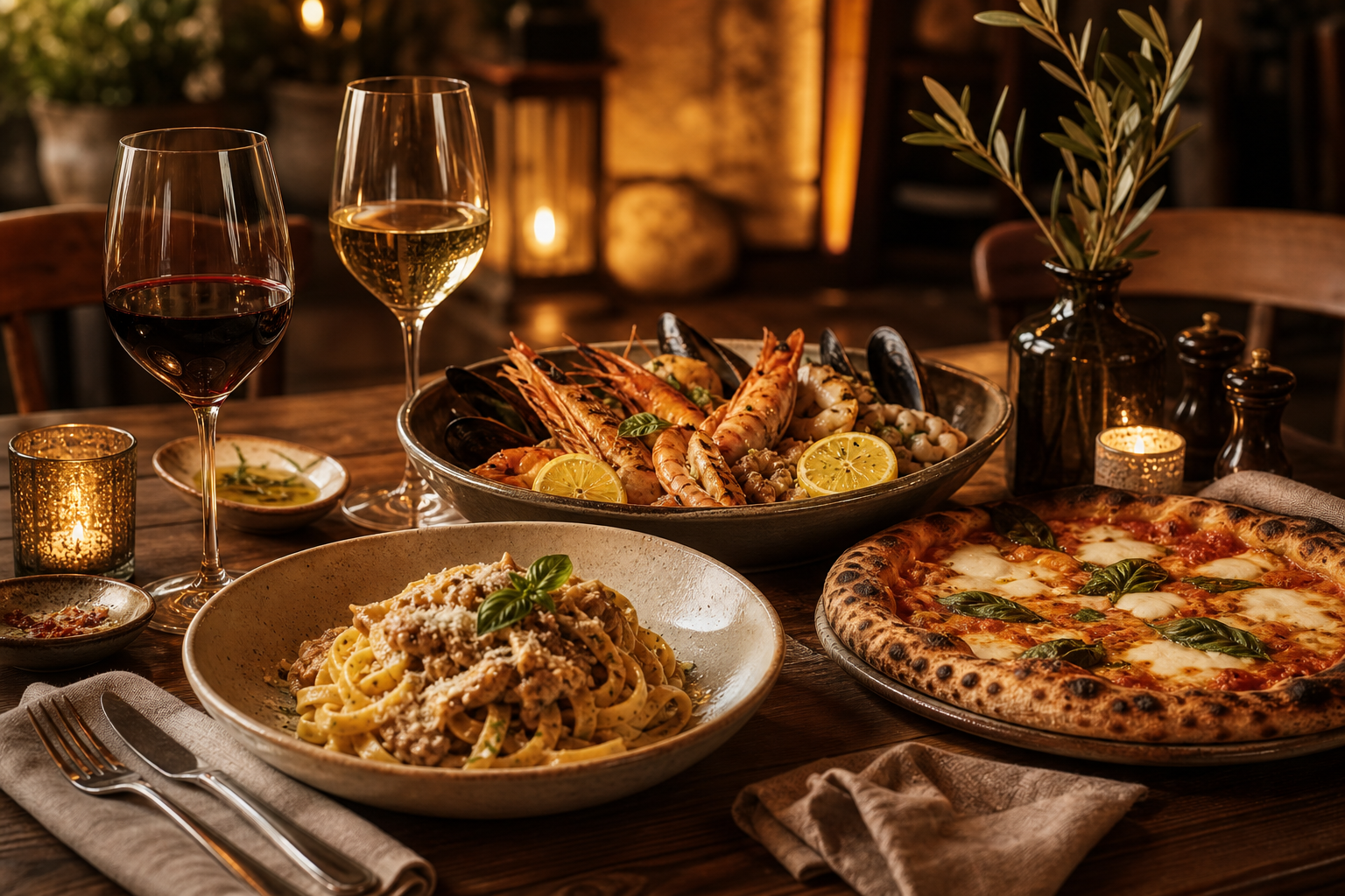 Beautifully styled Italian dining table with handmade pasta, wood-fired pizza, seafood plates, wine glasses, and elegant warm evening lighting