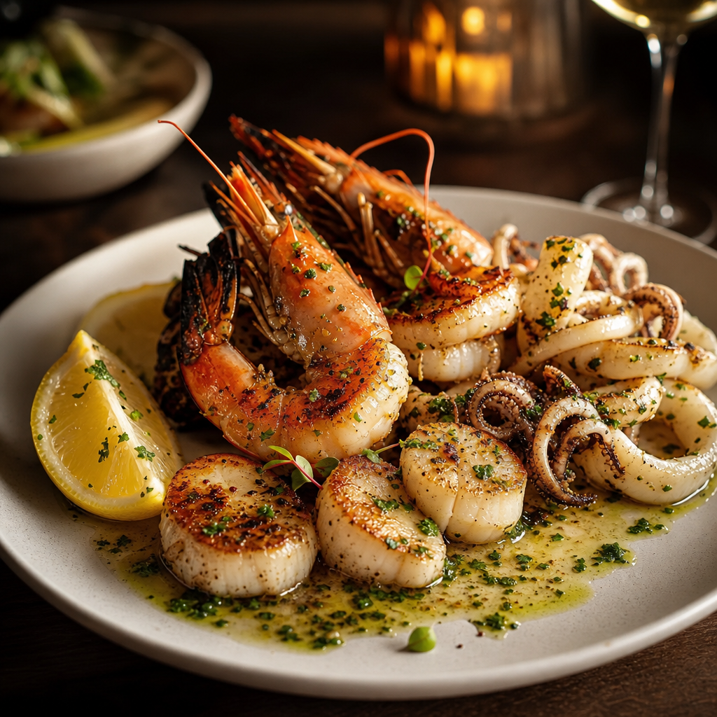 Seared Mediterranean seafood platter with shrimp, scallops, and lemon herb garnish
