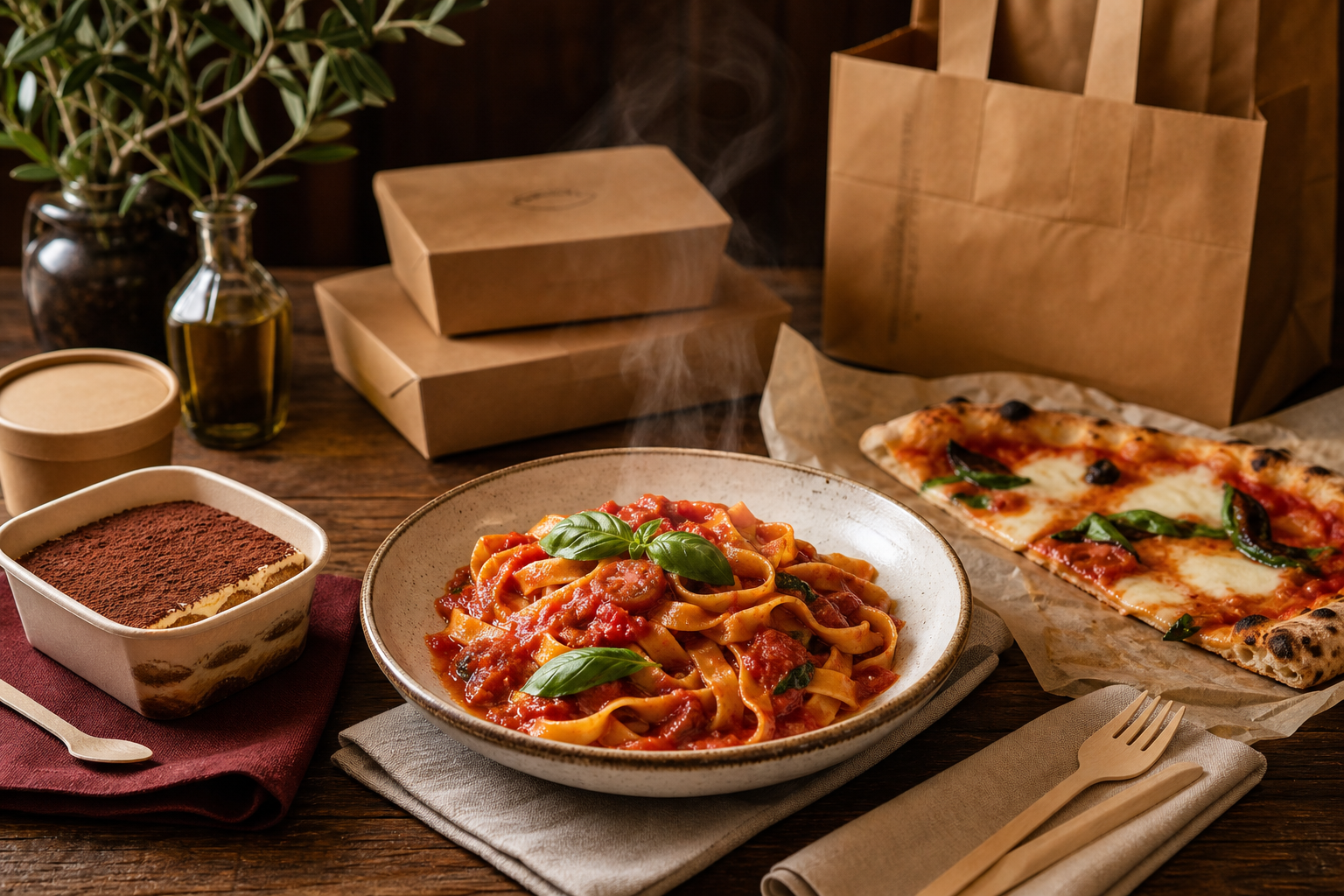 Plated takeaway-ready Italian dish scene with pasta, pizza slice, and dessert packed for home dining