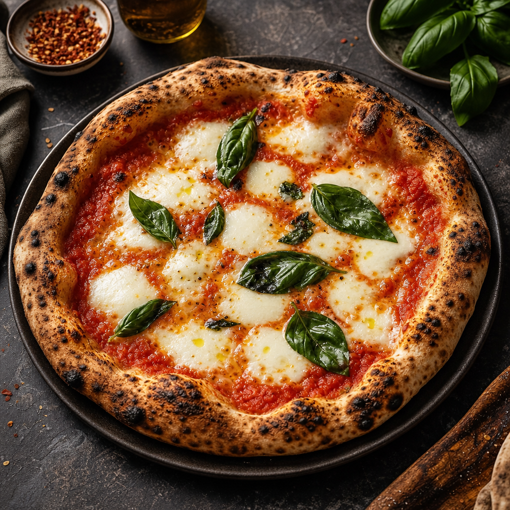 Wood-fired Neapolitan pizza with blistered crust, melted mozzarella, and charred edges