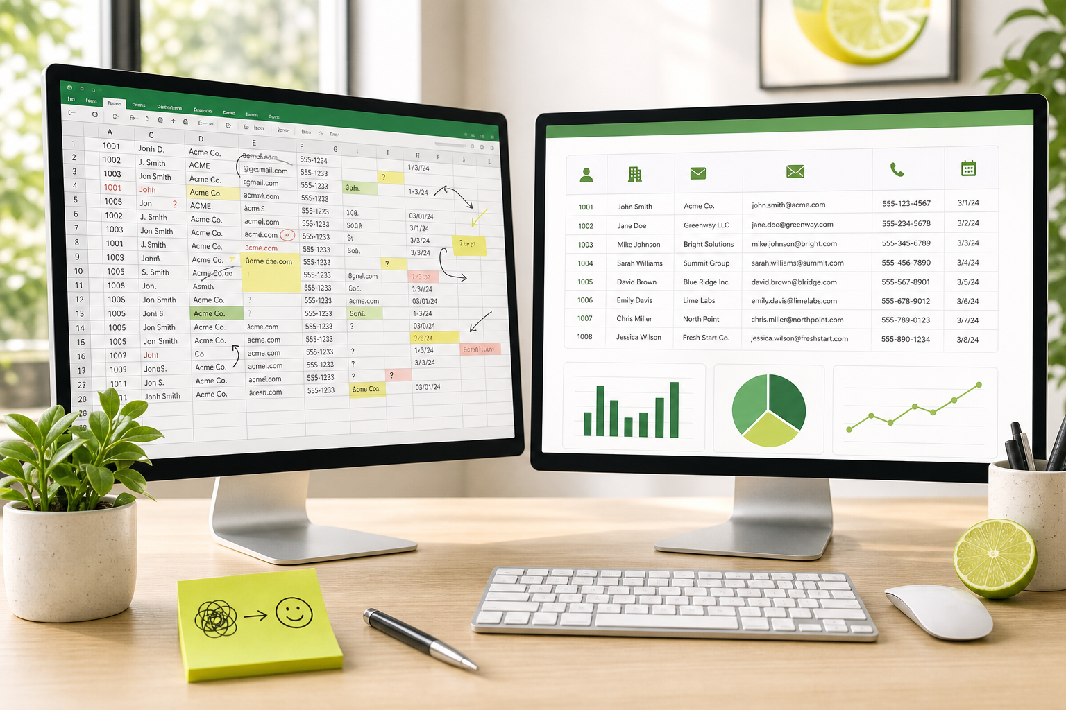 A friendly desk scene showing a messy spreadsheet on one screen and a clean, organized report on another, with a lemon-lime sticky note and tidy office tools