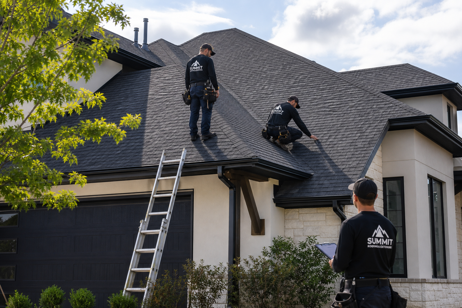 Professional roofing crew inspecting a newly completed shingle roof outside a modern Dallas-area home
