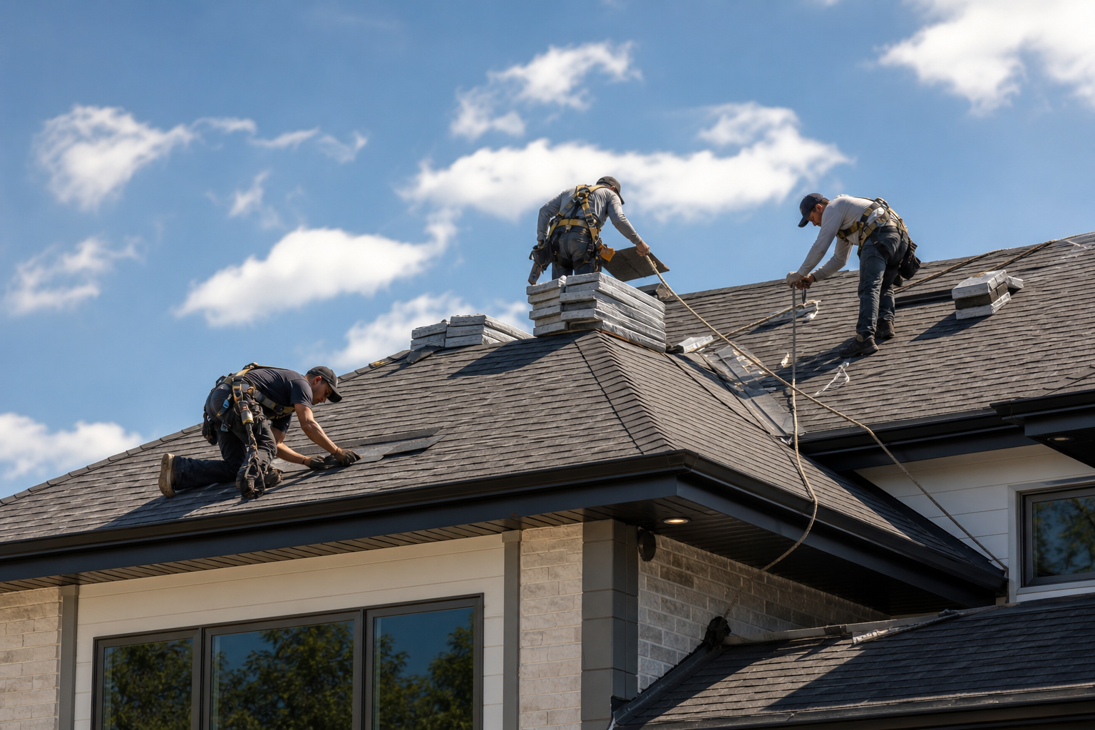 Professional roofing crew installing shingles on a modern suburban home under clear daylight