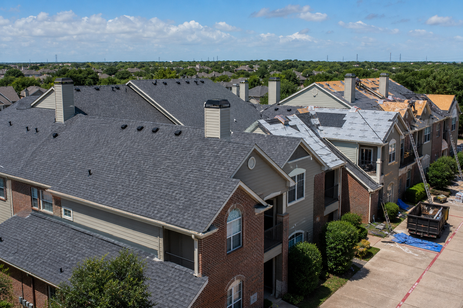 Multi-building Arlington townhouse complex with coordinated shingle roof replacement in progress