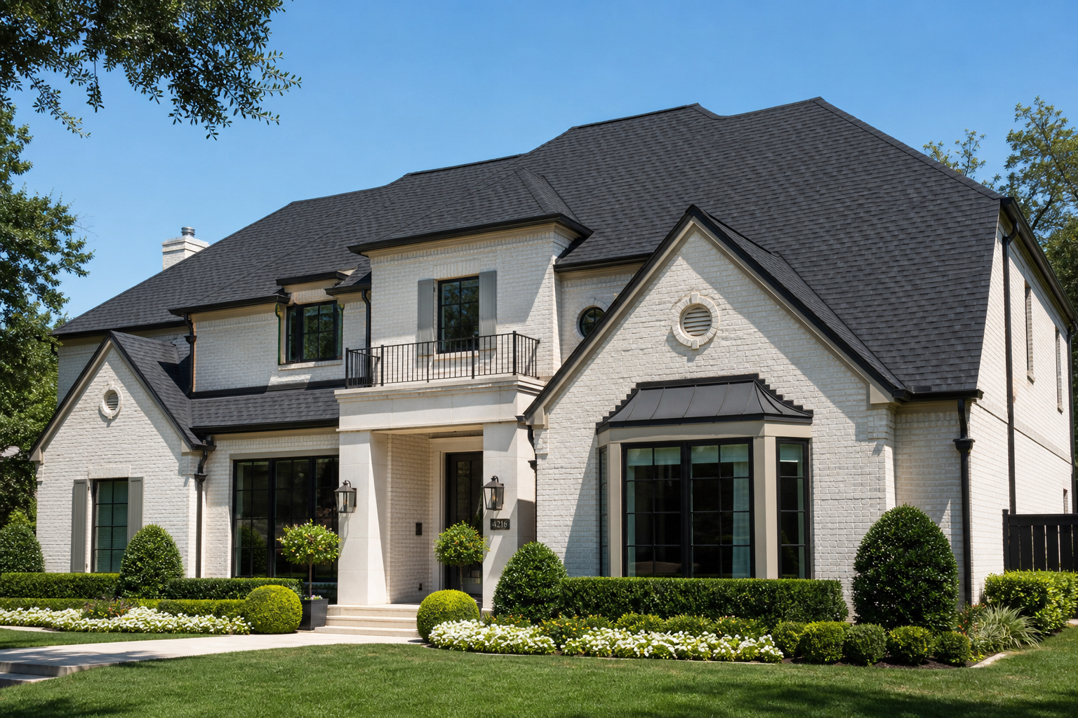 Large two-story Highland Park home with a newly installed charcoal architectural shingle roof under clear daylight