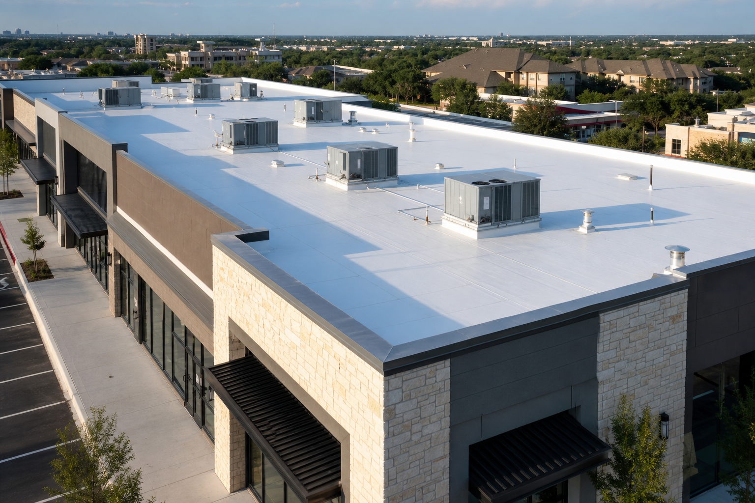 Low-slope commercial roof in Fort Worth with clean white TPO membrane and rooftop mechanical units