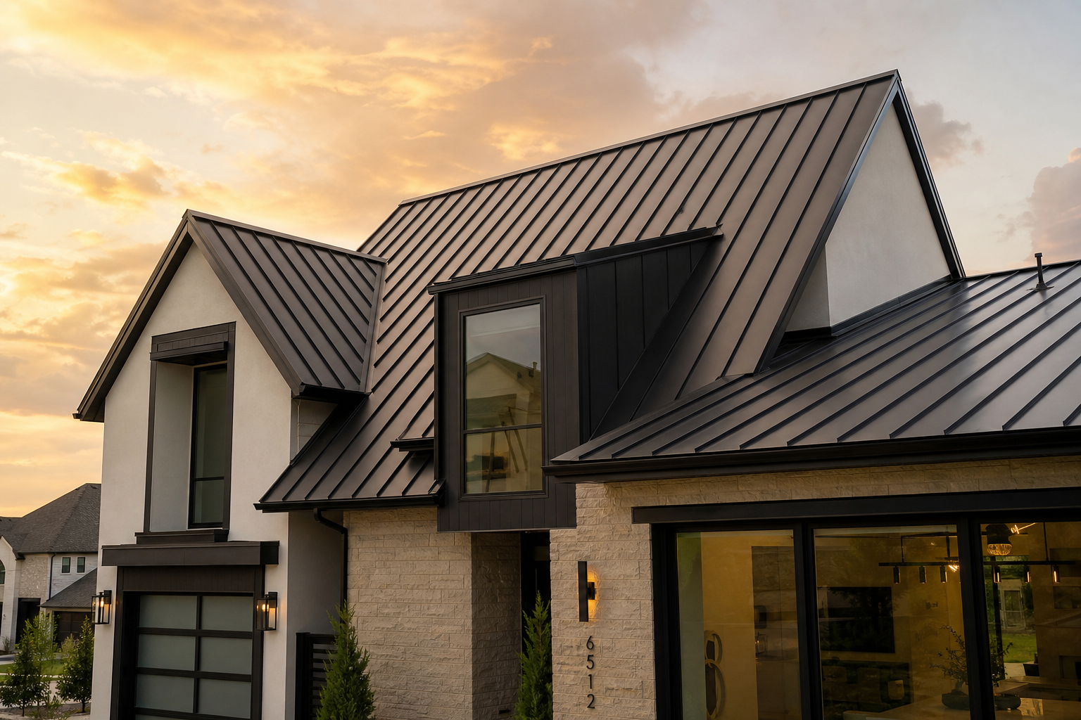 Modern Frisco residence with a newly installed dark bronze standing seam metal roof at sunset