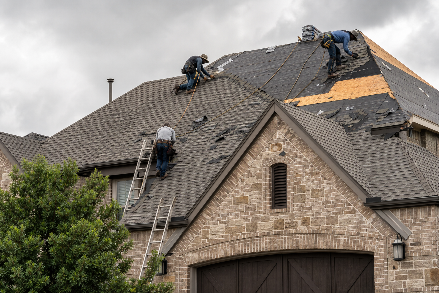 Single-family Plano house with roofers replacing storm-damaged shingles on a steep roof section