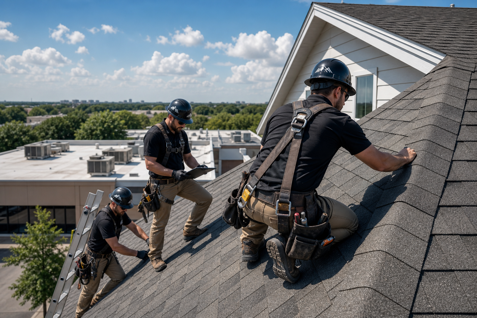 Professional roofing crew in safety gear inspecting a steep residential roof with commercial buildings in the background under clear daylight
