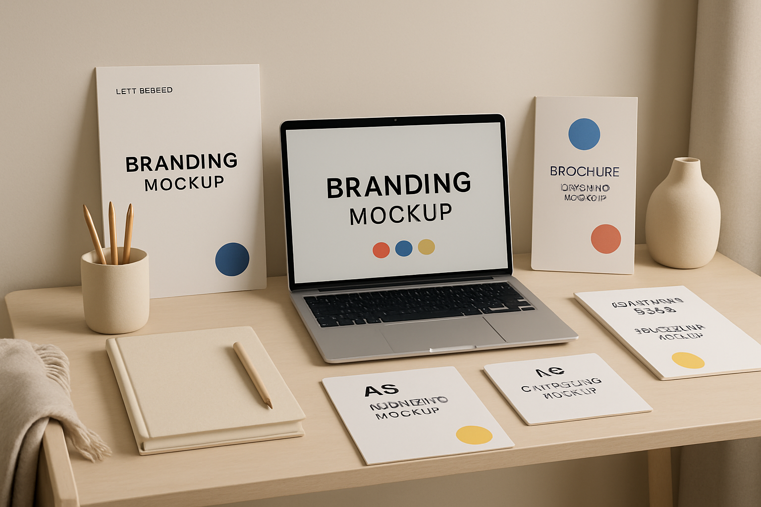 Modern creative studio workspace with branding mockups