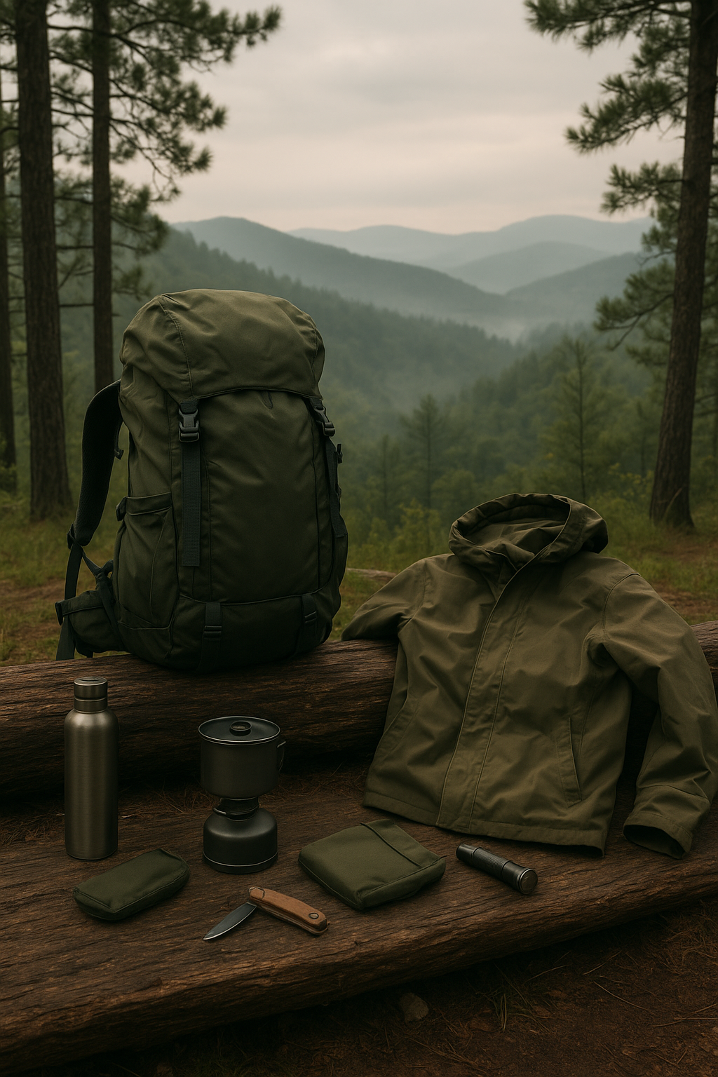Outdoor gear prep scene at a forest ridge edge in early morning light