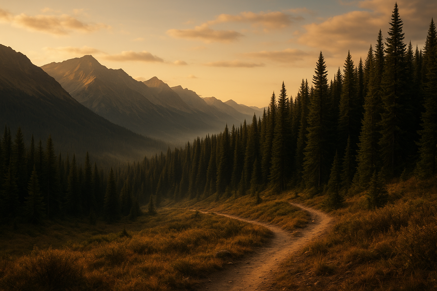Wide mountain-to-forest transition landscape at golden hour with ridge trail in the foreground