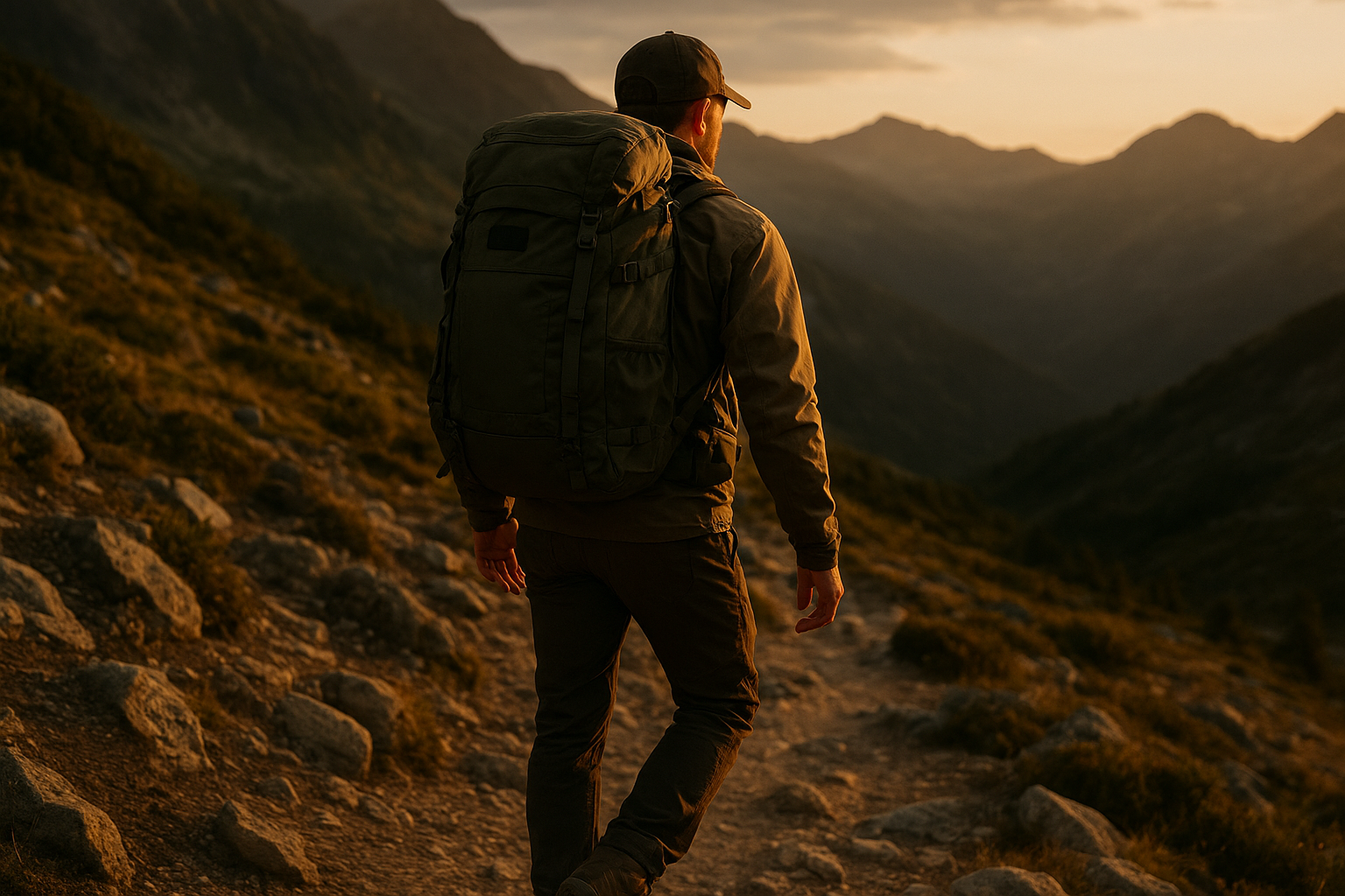 Hiker using a durable technical backpack on a rocky mountain trail at golden hour