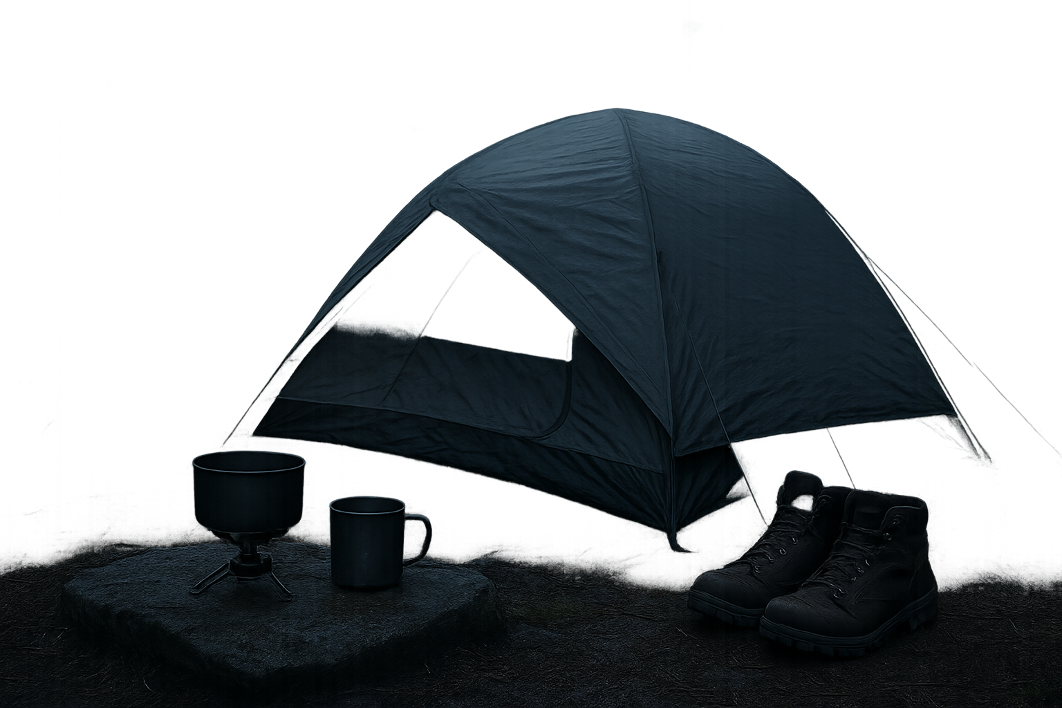 Evening campsite moment with a low-profile tent, cooking setup, and weathered boots near forest edge