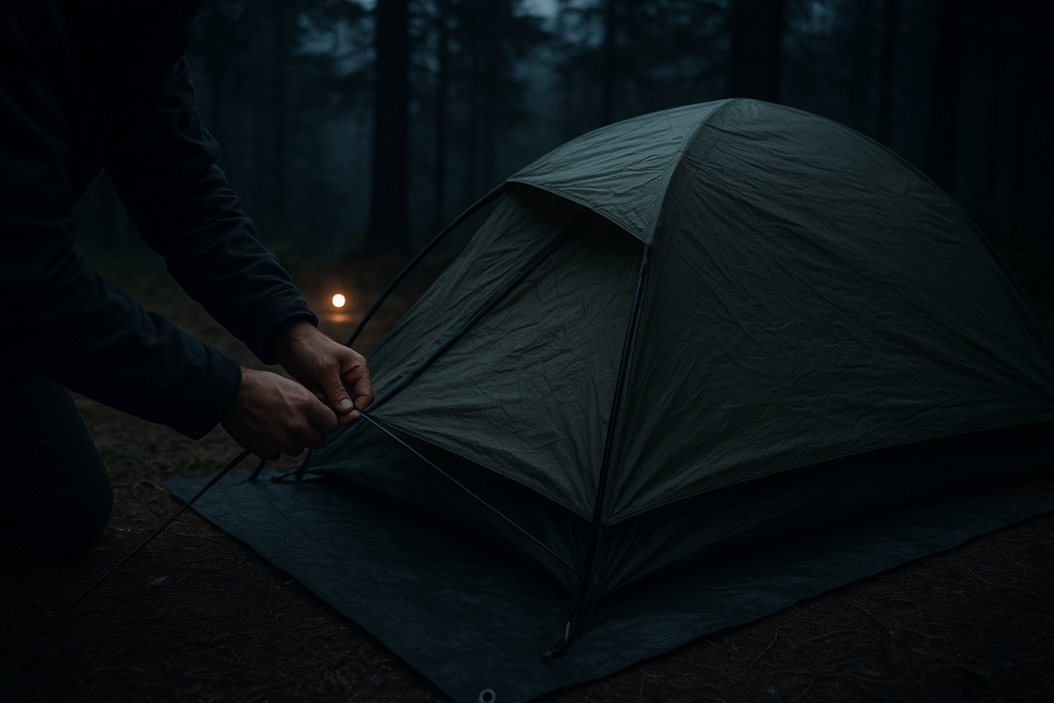 Hands setting up a compact tent at a forest campsite during blue-hour light