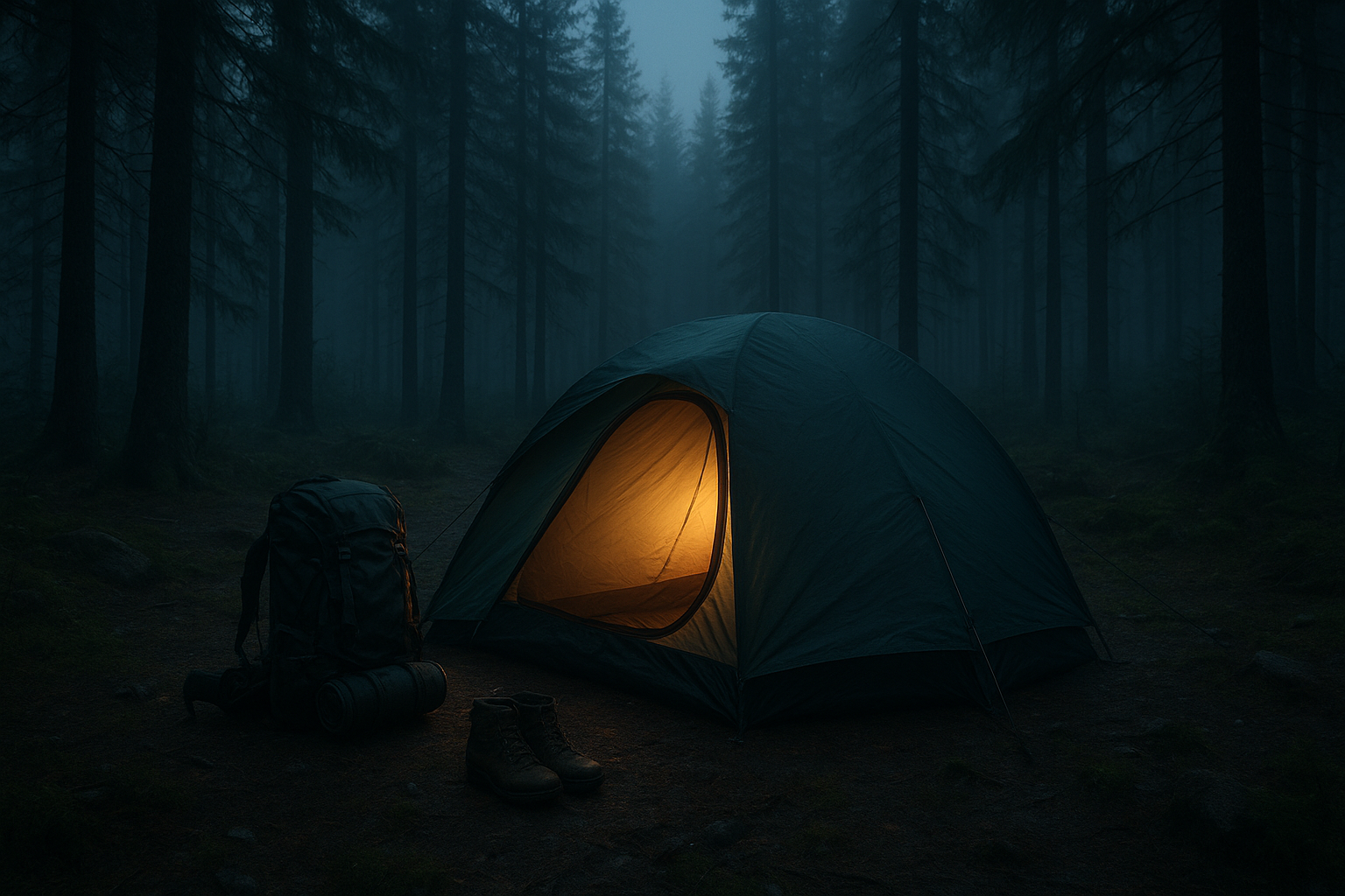 Evening campsite in dense pine forest with a lit technical tent, organized gear, and damp ground after rain