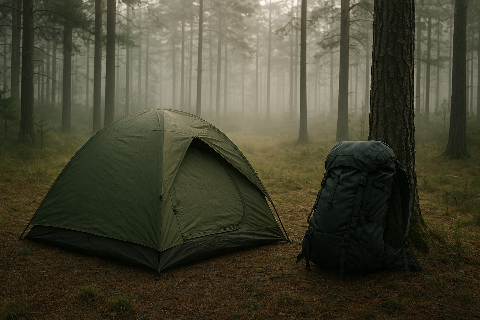 Early morning forest campsite with a compact tent, trekking pack, and mist over pine trees
