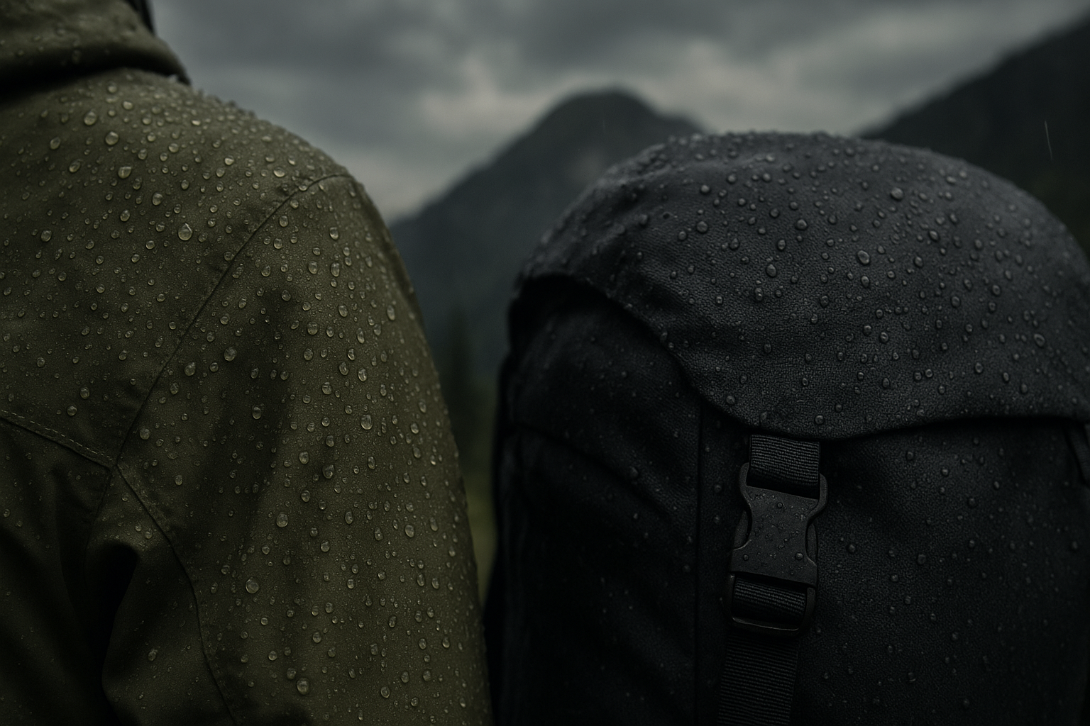 Close detail of rain beading off a dark hiking jacket and backpack fabric in wet alpine weather