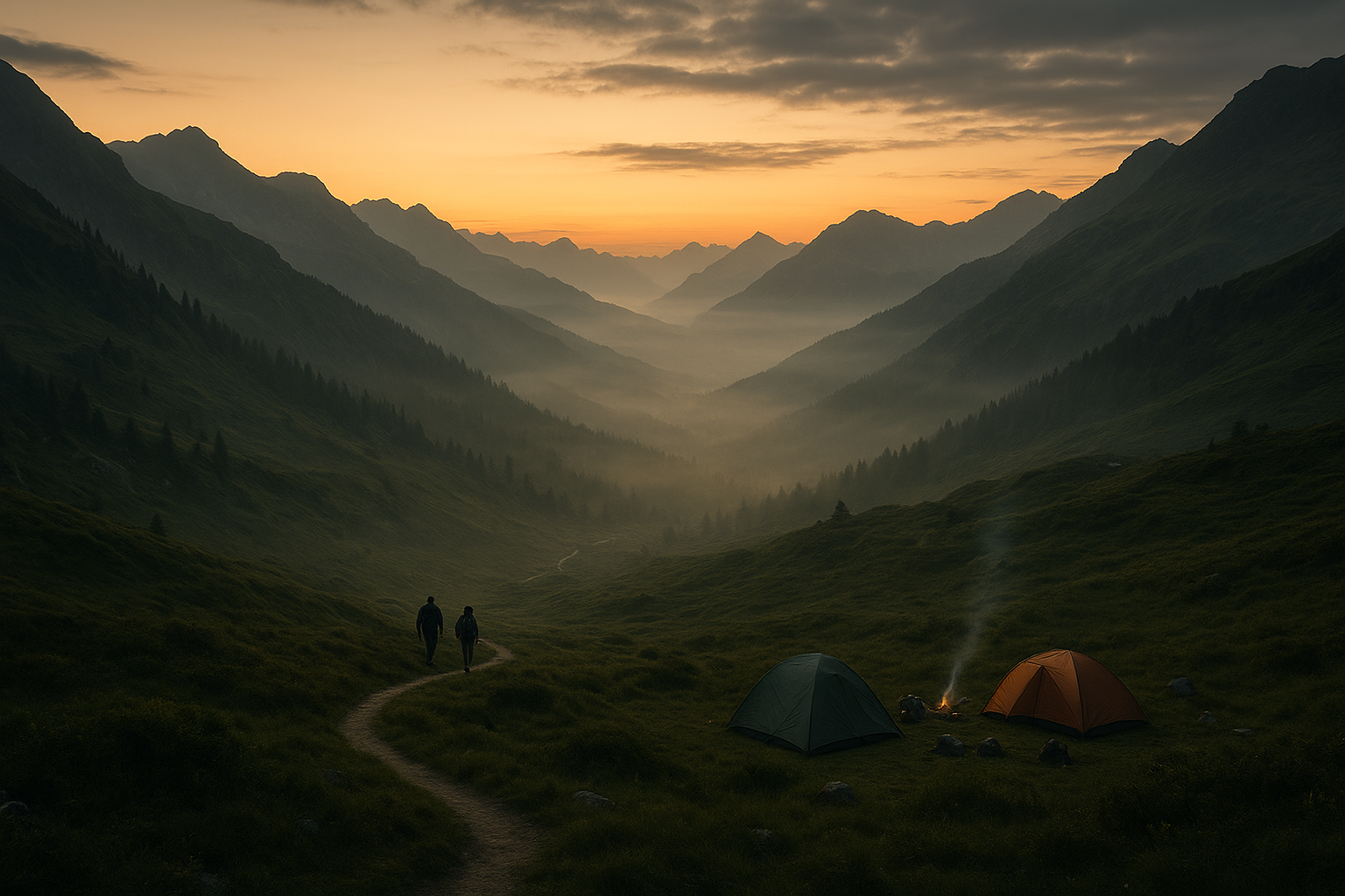 Realistic mountain sunrise landscape with distant hikers, tents, and campsite details in a misty alpine valley