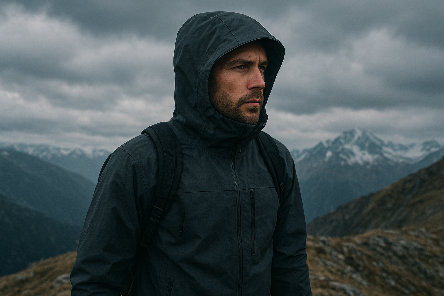 Outdoor traveler in a technical shell jacket during windy alpine weather with distant peaks