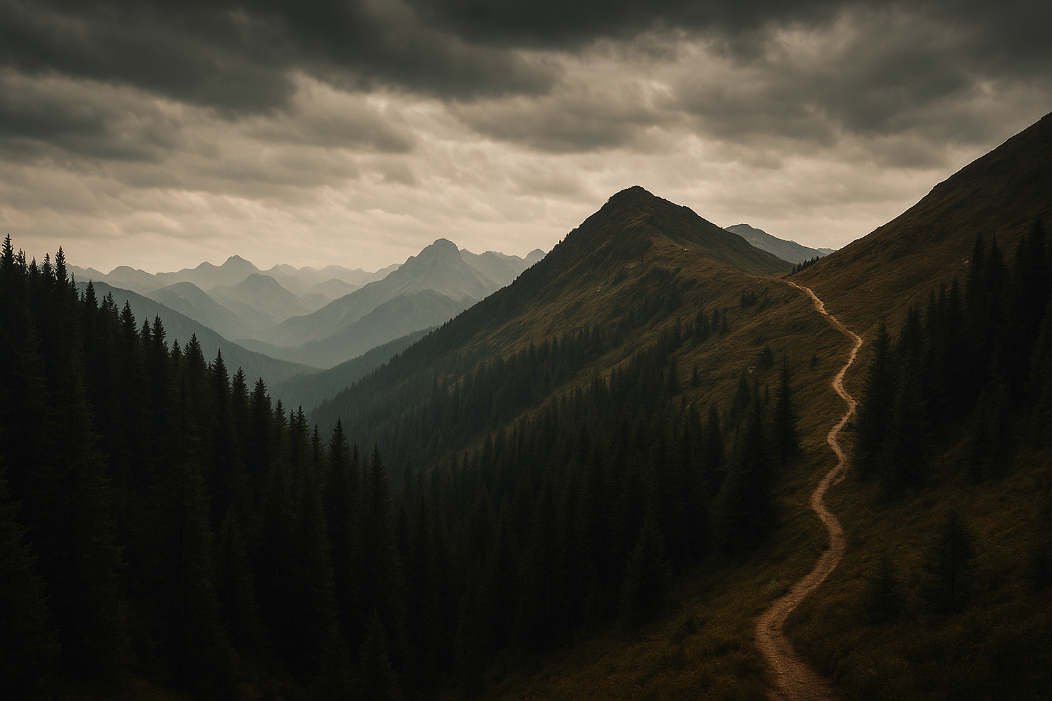 Wide landscape transition from dark pine forest into open mountain ridgeline under moving cloud cover