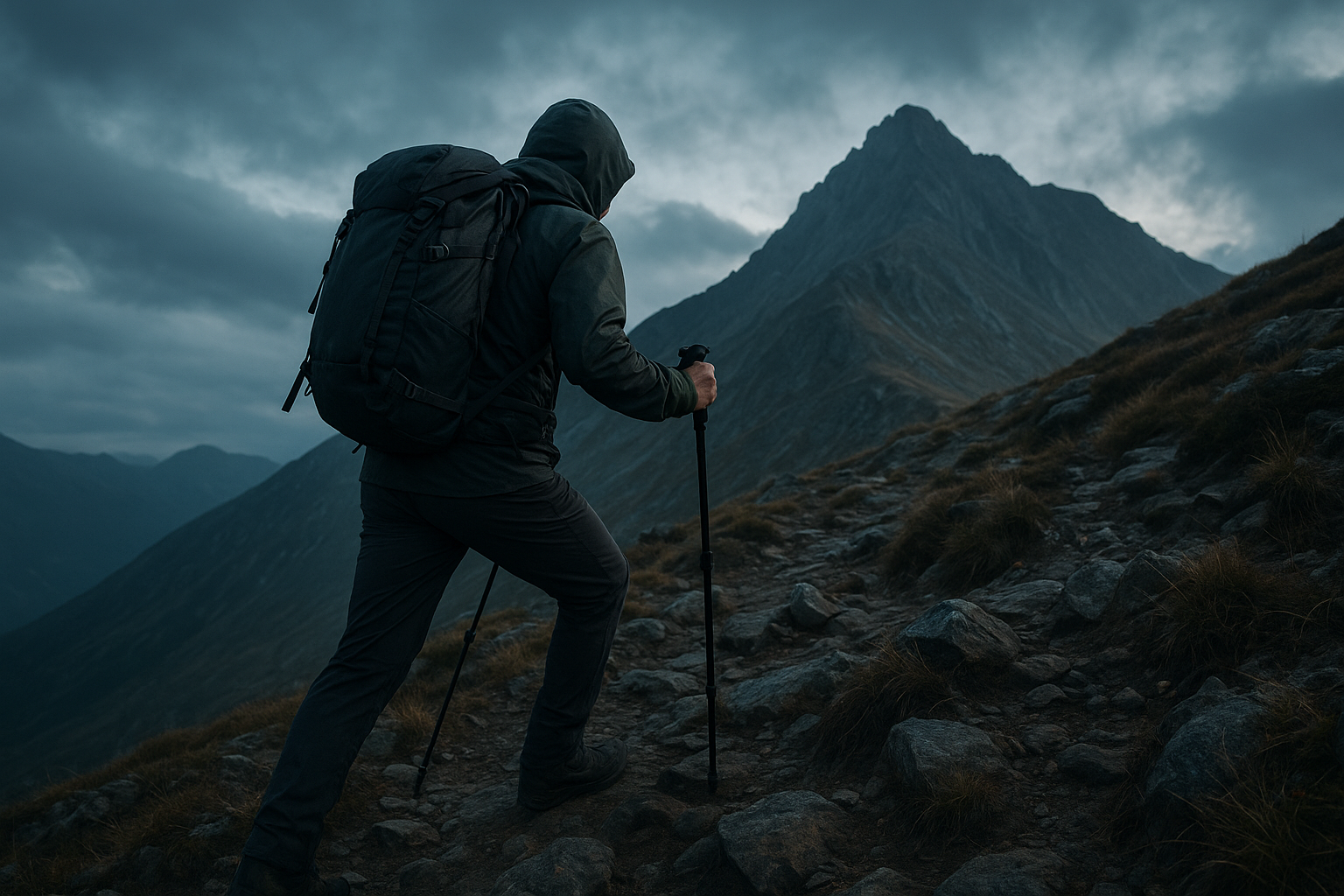 Hiker ascending a rocky alpine trail with a loaded technical backpack and trekking poles during early morning light