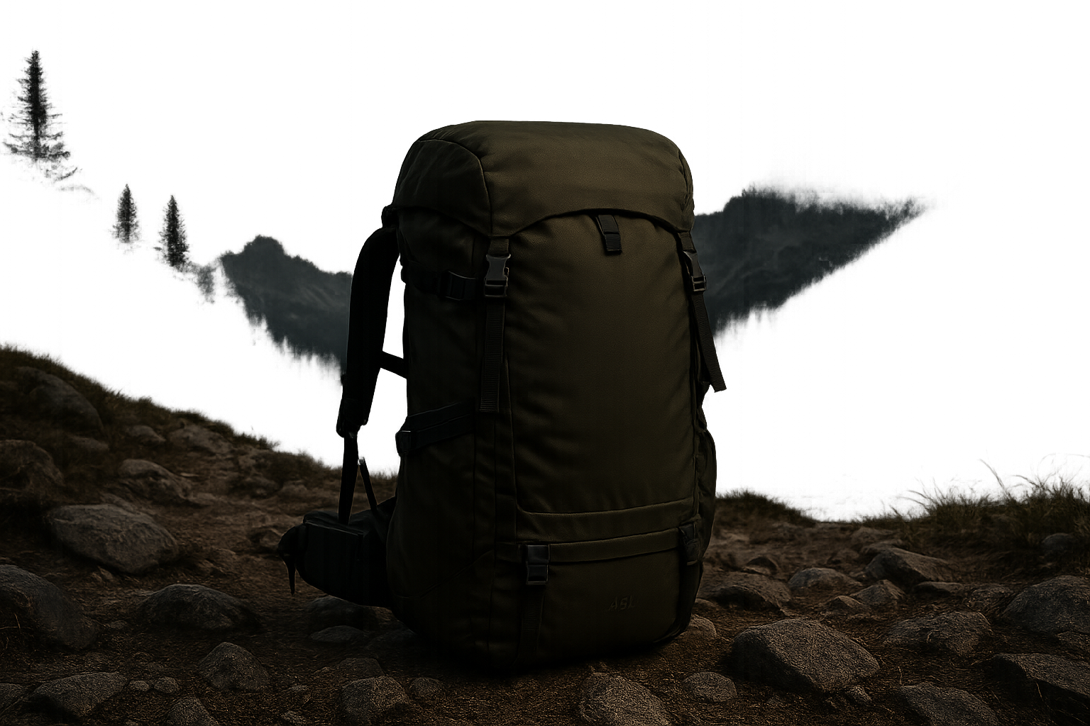 Ridgehaul 45 backpack set on a rocky alpine trail at dusk with pine forest and distant peaks under moody clouds