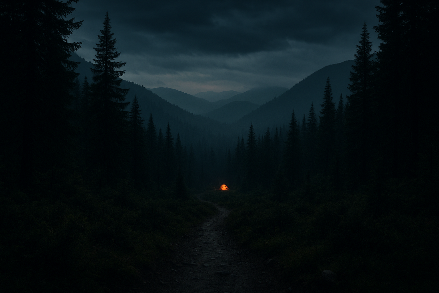 Moody mountain trail at dusk with a small campsite light in the distance, layered pine forest silhouettes, and deep atmospheric depth