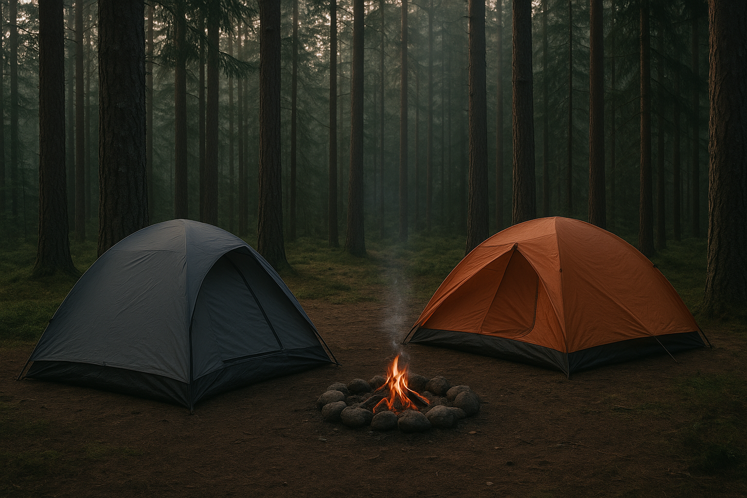 Two weatherproof tents set at a pine forest campsite beside a small campfire