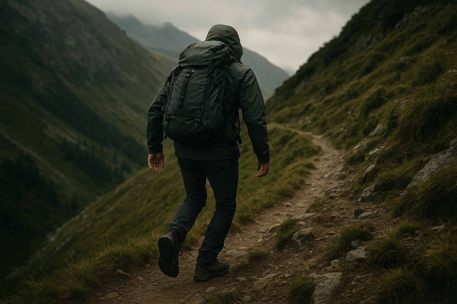 Hiker moving along a narrow mountain trail with a loaded backpack in motion