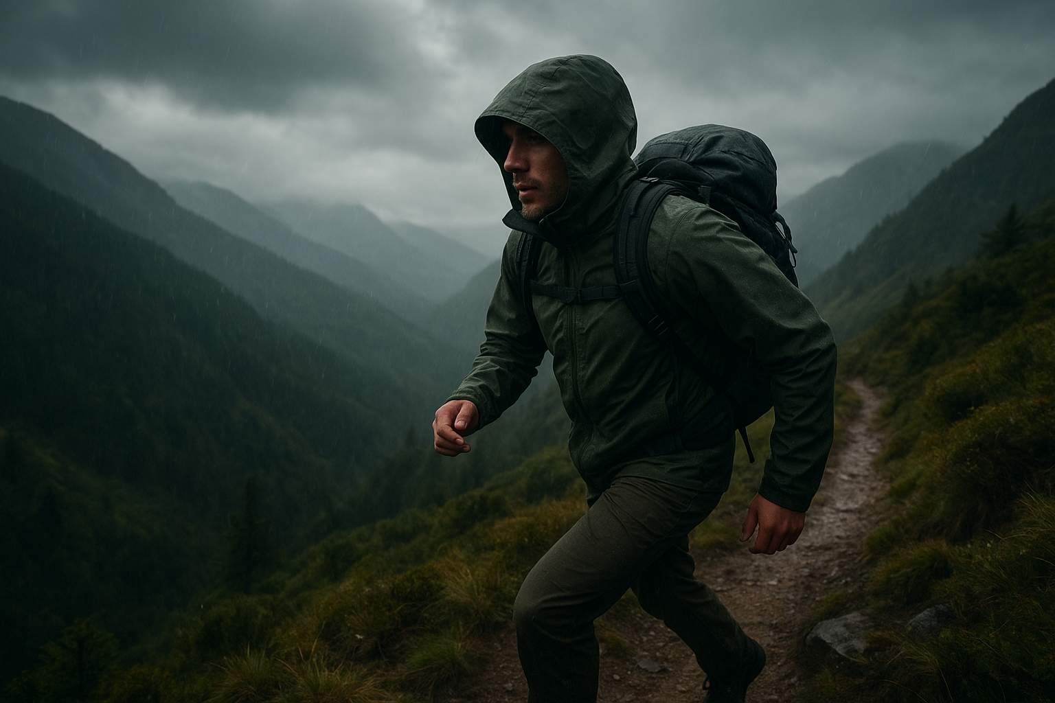 Trail runner in technical shell jacket moving through wind and mist on a narrow mountain path under shifting weather