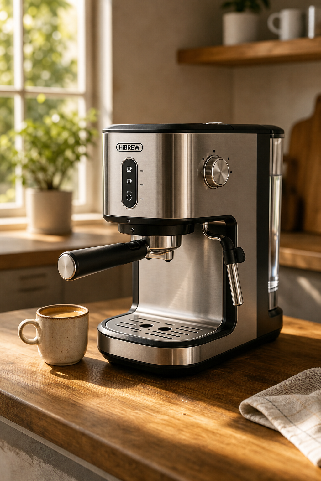 Clean editorial product photo of a HiBrew espresso machine on a warm kitchen counter with a cup beside it