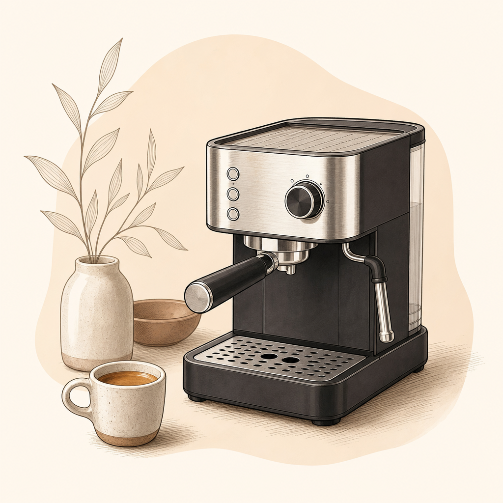 Minimal warm-toned illustration of a compact espresso machine and coffee cup line art